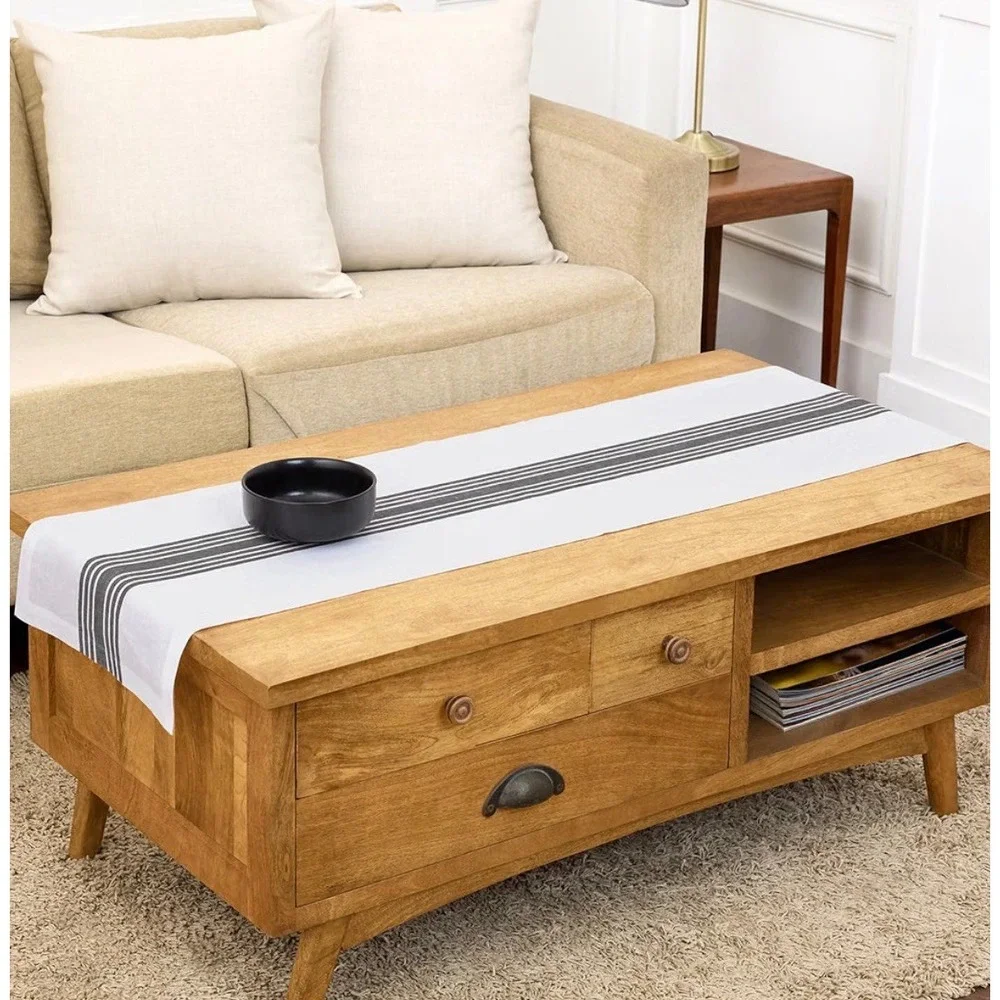 Solino Home Farmhouse Table Runner Black White Stripe 14